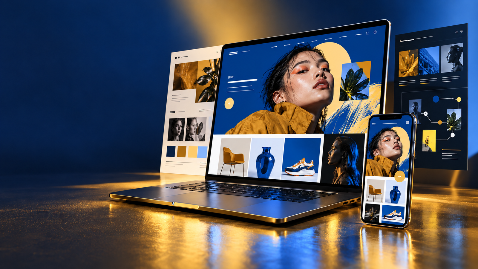 Bir web sitesinin masaüstü ve mobil yüzünü, arkasındaki yönetim sistemiyle birleştiren konsept kompozisyon.